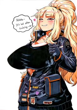 Rule 34 | 1girl, absurdres, black giraffe, black gloves, black jacket, black sleeves, blonde hair, blunt bangs, blush, breasts, breasts out, chevron (symbol), cleavage, collared jacket, english text, eyelashes, ezra (project moon), gloves, hair ornament, hair tie, heart, high collar, high ponytail, highres, jacket, large breasts, limbus company, long hair, long sleeves, looking at viewer, orange eyes, parted bangs, partially unzipped, pointy breasts, ponytail, project moon, sidelocks, solo, speech bubble, star (symbol), star hair ornament, steaming body, sweat, tsurime, upper body, wavy hair, white background