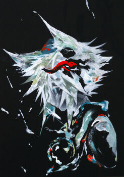1girl animal_ears black_background from_side hat highres ikeda_ruriko inubashiri_momiji looking_to_the_side red_hat solo spiked_hair tokin_hat touhou white_hair wolf_ears