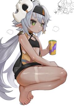 &gt;_&lt; ahoge bare_arms bare_shoulders barefoot black_dress black_hairband character_request chibi chibi_only closed_eyes commentary_request dark-skinned_female dark_skin dokomon dress fang genshin_impact green_eyes grey_hair hair_between_eyes hair_intakes hairband highres holding iansan_(genshin_impact) korean_commentary long_hair low_twintails parted_bangs parted_lips pointy_ears skull_on_head sleeveless sleeveless_dress squatting tears tiptoes twintails very_long_hair white_background