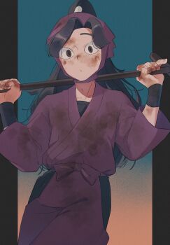 1boy ayabe_kihachirou black_hair brown_eyes closed_mouth commentary_request cowboy_shot dirty dirty_clothes dirty_face high_ponytail highres holding_behind_neck japanese_clothes long_hair looking_at_viewer male_focus pillarboxed ponytail rakudai_ninja_rantarou solo violet_(mesy4285)