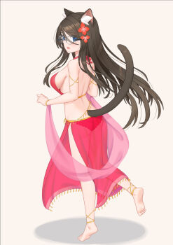 1girl aina_(mao_lian) animal_ears back barefoot blue_eyes blush breasts brown_hair cat_ears cat_girl cat_tail dancer flower glasses hair_flower hair_ornament harem_outfit highres large_breasts long_hair looking_at_viewer looking_to_the_side mao_lian_(nekokao) open_mouth original tail tail_raised very_long_hair white_background