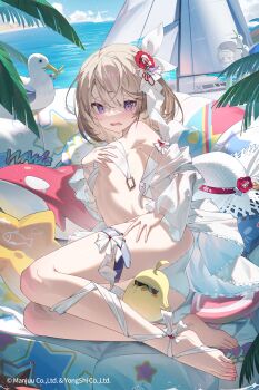 1girl azur_lane bad_source bare_shoulders beach bikini bird blush breasts brown_hair hair_ornament highres manjuu_(azur_lane) official_art purple_eyes seagull short_hair small_breasts solo swimsuit thighs white_bikini z23_(azur_lane)