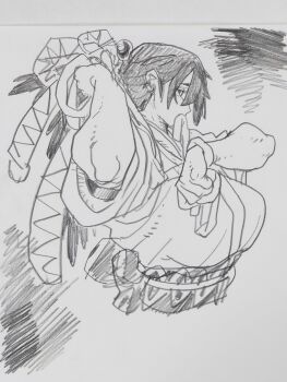 black_hair breasts graphite_(medium) highres japanese_clothes large_breasts long_hair looking_at_viewer monochrome okinawanogori original sketch traditional_media