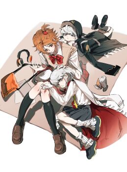 1girl 26duuuu 2boys aged_down black_hat black_skirt black_thighhighs bow brown_hair brown_shoes brown_sweater_vest closed_mouth coat coat_on_shoulders crossdressing crossdressing_(mtf) from_above full_body genderswap genderswap_(mtf) grey_eyes grey_hair hair_between_eyes hanamura_yousuke hand_on_another&#039;s_knee hand_rest hat headphones highres knees_together_feet_apart leg_warmers long_sleeves looking_at_another lying multiple_boys multiple_views narukami_yu on_stomach one_side_up orange_bag persona persona_4 red_bow shirt shoes short_hair simple_background sitting skirt smile sweater_vest thighhighs unworn_headphones white_background white_leg_warmers white_shirt