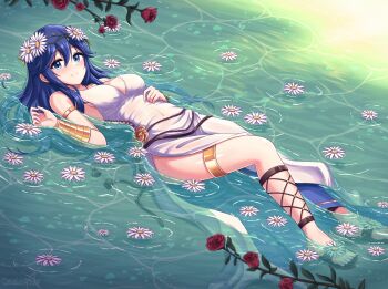 1girl armlet bare_legs blue_eyes blue_hair bracelet bracer branch breasts canadiananiguy cleavage closed_mouth covered_navel dress fire_emblem fire_emblem_awakening fire_emblem_heroes flower flower_wreath gold_armlet gold_bracer gold_thighlet hair_flower hair_ornament highres jewelry long_hair looking_at_viewer lucina_(fire_emblem) lucina_(valentine)_(fire_emblem) lying medium_breasts nintendo official_alternate_costume on_back outdoors partially_submerged petals petals_on_liquid red_flower red_rose rose sandals side_slit smile solo thighlet thighs very_long_hair water wet wet_clothes white_dress white_flower