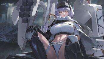 1girl armor armored_boots bandaged_leg bandaged_stomach bandaged_waist bandages boots cloak commentary english_commentary goddess_of_victory:_nikke grey_hair highres hood_(james_x) landscape mechanical_arms mountain navel official_alternate_costume official_alternate_design outdoors rigging scenery shoulder_armor single_mechanical_arm sitting snow snow_white_(heavy_arms)_(nikke) snow_white_(nikke) solo torn_cloak torn_clothes white_cloak yellow_eyes