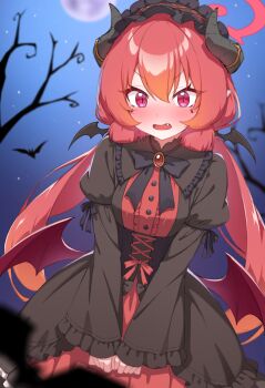 1girl alternate_costume black_dress black_hairband black_horns black_ribbon blue_archive blurry blush breasts commentary_request cowboy_shot dot_nose dress fang feet_out_of_frame flustered frilled_sleeves frills gradient_hair hairband halo highres horns hr.r juliet_sleeves junko_(blue_archive) long_hair long_sleeves looking_at_viewer low_twintails moon multicolored_hair neck_ribbon night open_mouth outdoors pink_eyes puffy_sleeves red_eyes red_hair red_halo red_ribbon red_wings ribbon sleeves_past_wrists small_breasts solo twintails wings