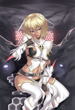 1girl antennae armor arthropod_girl belt blonde_hair blue_eyes bracer breasts clothing_cutout dark-skinned_female dark_skin elbow_gloves elbow_spikes female_focus fingerless_gloves gloves highres honeycomb_(pattern) honeycomb_background honeycomb_pattern houtengeki large_breasts midriff monster_girl naughty_face navel navel_cutout original short_hair sitting smile solo thighhighs tongue wings