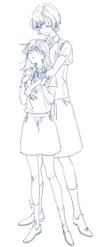 2girls :o behind_another blue_theme collared_shirt commentary front-to-back full_body futsuu_no_keion-bu hair_ornament hairpin hand_on_another&#039;s_arm hatono_chihiro height_difference highres hug hug_from_behind kouyama_rin medium_hair monochrome multiple_girls neck_ribbon olys one_eye_closed own_hands_together parted_lips pixie_cut ribbon school_uniform shirt shirt_tucked_in shoes short_hair short_sleeves simple_background skirt smile socks standing summer_uniform sweater_vest symbol-only_commentary white_background