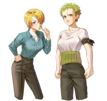 2girls arms_at_sides belt black_belt blonde_hair blue_eyes blue_shirt breasts candy cleavage closed_mouth collarbone collared_shirt commentary_request cropped_legs curly_eyebrows eyelashes food genderswap genderswap_(mtf) green_eyes green_hair grey_pants hair_over_one_eye highres holding holding_candy holding_food holding_lollipop lollipop long_sleeves multiple_girls one_piece pants poipoisky72 roronoa_zoro sanji_(one_piece) shirt short_hair simple_background striped_clothes striped_shirt white_background white_shirt