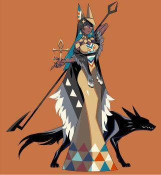 1girl balance_scale black_hair blue_hair brown_background brown_dress colored_inner_hair commentary_request dress edarow full_body holding holding_polearm holding_weapon jackal long_hair looking_at_viewer multicolored_hair orange_eyes original pelt polearm simple_background solo standing very_long_hair weapon weighing_scale