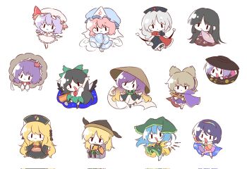 6+girls ajirogasa apron arm_cannon arm_ribbon arm_up bat_wings bead_necklace beads belt black_boots black_dress black_eyes black_hair black_hat black_shoes black_socks blonde_hair blue_dress blue_hairband blue_hat blue_kimono blush boots bow bow_(weapon) bowl bowl_hat braid brown_belt brown_hair brown_hairband brown_hat brown_skirt chibi chibi_only chinese_clothes cloak closed_mouth collared_dress commentary_request constellation_print crescent crescent_print cross dalachi_(headdress) detached_sleeves dress earmuffs floating_clothes floating_hair floral_print flying frills full_body gradient_hair green_apron green_belt green_bow green_dress green_hairband green_headscarf green_skirt grey_hair hair_between_eyes hair_bow hair_ornament hairband hand_up hands_in_opposite_sleeves haniyasushin_keiki hat hat_ribbon headscarf highres hijiri_byakuren hitodama holding holding_baton holding_bow_(weapon) holding_weapon houraisan_kaguya japanese_clothes jewelry junko_(touhou) kimono kirby_(tiokirby) korean_commentary layered_sleeves leaf leaf_hair_ornament leg_ribbon long_hair long_sleeves looking_at_viewer looking_to_the_side low-braided_long_hair low-tied_long_hair magatama magatama_necklace mandarin_collar maple_leaf matara_okina mirror mob_cap moon_print multicolored_dress multicolored_hair multicolored_hairband multiple_girls neck_ribbon necklace nurse_cap orange_dress orange_hairband orange_sleeves orange_tabard parted_bangs patchwork_clothes phoenix_print pink_dress pink_hair pink_kimono pink_shirt pocket pointy_hair pom_pom_(clothes) puffy_long_sleeves puffy_short_sleeves puffy_sleeves purple_boots purple_cloak purple_dress purple_hair purple_hairband purple_skirt rainbow_order red_cloak red_dress red_hairband red_ribbon red_shirt red_tabard reiuji_utsuho remilia_scarlet ribbon ritual_baton saigyouji_yuyuko shirt shoes short_hair short_over_long_sleeves short_sleeves sidelocks simple_background sitting sitting_on_throne skirt sky_print smile socks sorcerer's_sutra_scroll stage_connection standing starry_sky_print sukuna_shinmyoumaru tabard tassel tenkyuu_chimata third_eye touhou toyosatomimi_no_miko triangular_headpiece turtleneck turtleneck_dress two-sided_cloak two-sided_fabric two-tone_dress v-shaped_eyebrows veil very_long_hair wavy_hair weapon white_background white_belt white_cloak white_dress white_hat white_shirt white_shoes wide_sleeves wings wood_carving_tool yagokoro_eirin yasaka_kanako yellow_dress yellow_hairband yellow_ribbon