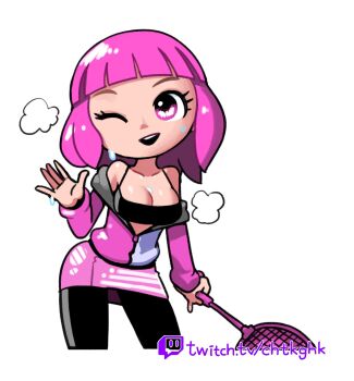 1girl :d ;d artist_name badminton badminton_racket bandeau bare_shoulders black_bra black_leggings black_pantyhose black_sports_bra blunt_bangs bra breasts chibi cleavage collarbone cowboy_shot cropped_legs highres holding hood hoodie jacket jaggy_lines large_breasts leggings long_sleeves looking_at_viewer medium_breasts medium_hair miniskirt minuspal multicolored_jacket nintendo nintendo_switch_sports off_shoulder one_eye_closed open_clothes open_jacket open_mouth outline pants pantyhose partially_unzipped patreon_logo patreon_username pink_eyes pink_hair pink_jacket pink_skirt racket shiny_clothes shiny_skin short_hair simple_background skirt smile solo spaghetti_strap sports_bra sportsmate_(nintendo) sportswear standing steaming_body sweat teeth tennis_racket transparent_background twitter_username two-tone_jacket underwear unzipped watermark waving web_address white_background white_outline zipper zipper_pull_tab