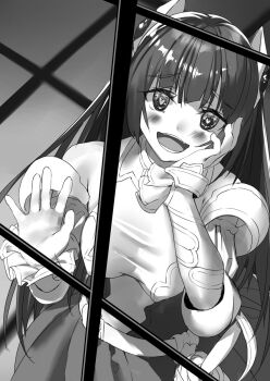 1girl :d alicia_crystella armor belt blush body_armor boobplate breastplate breasts cowboy_shot elbow_gauntlets from_outside greyscale hair_ornament hand_on_own_cheek hand_on_own_face heart heart_in_eye indoors isekai_maou_to_shoukan_shoujo_no_dorei_majutsu large_breasts long_hair looking_at_viewer monochrome no_eyewear novel_illustration official_art open_hands open_mouth pleated_skirt skirt smile solo spread_fingers standing straight_hair sword symbol_in_eye teeth third-party_source torogao tsurusaki_takahiro very_long_hair weapon window