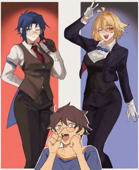 1boy 2girls absurdres adjusting_eyewear ahoge alternate_costume arcueid_brunestud arm_behind_back armband black_pants black_suit blonde_hair blue_armband blue_bow blue_bowtie blue_eyes blue_shirt blush blush_stickers bow bowtie breasts brown_gloves brown_hair brown_pants brown_vest butler ciel_(tsukihime) collared_shirt crossdressing crossdressing_(ftm) curtained_hair ezekquel fangs female_butler formal_clothes glasses gloves hair_between_eyes hair_intakes highres jacket large_breasts looking_at_viewer multiple_girls necktie one_eye_closed pants red_eyes red_necktie shirt short_hair suit tailcoat tohno_shiki tsukihime v vampire vest white_gloves white_shirt
