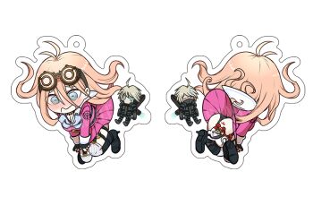 1boy 1girl ahoge android antenna_hair armor ass belt black_panties blonde_hair blue_eyes blush boots breasts charm_(medium) commentary_request danganronpa_(series) danganronpa_v3:_killing_harmony embarrassed fingerless_gloves gloves goggles goggles_on_head grey_hair hair_between_eyes high_heel_boots high_heels iruma_miu jetpack k1-b0 long_hair long_sleeves monotaro_(danganronpa) multiple_belts open_mouth panties pants pantyshot pink_serafuku pink_shirt power_armor robot school_uniform serafuku shirt short_hair simple_background skirt thighhighs underwear very_long_hair wavy_eyes wavy_hair white_background yunxd