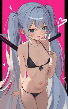 1girl absurdres bare_arms bare_legs bare_shoulders bikini black_bikini blue_eyes blue_hair blush breasts coco_irasuto collarbone cowboy_shot groin halterneck hatsune_miku highres long_hair navel open_mouth sidelocks small_breasts solo standing stomach string_bikini swimsuit thighs twintails very_long_hair vocaloid