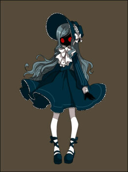 1girl ankle_ribbon bemani black_skin blue_bonnet blue_dress blue_hair blue_shoes bonnet bow bowtie brown_background colored_skin commentary_request dress full_body hat hat_bow leg_ribbon liddell_(pop&#039;n_music) long_hair long_sleeves lowres pantyhose pop&#039;n_music red_eyes ribbon shoes simple_background solid_circle_eyes solo white_bow white_bowtie white_pantyhose yamipika