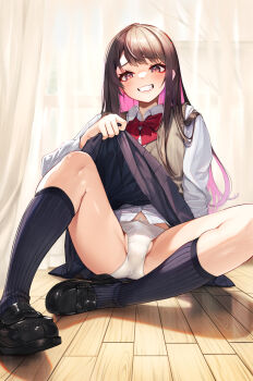 1boy absurdres black_shoes black_socks brown_cardigan brown_hair bulge cardigan clenched_teeth clothes_lift colored_inner_hair commentary_request crossdressing crossdressing_(mtf) curtains dress_shirt full_body grin groin highres indoors knee_up loafers long_hair long_sleeves looking_at_viewer male_focus multicolored_hair on_floor original panties pink_hair plaid_clothes plaid_skirt pleated_skirt purple_eyes ribbed_socks shirt shoes sitting skindentation skirt skirt_lift smile socks solo teeth testicle_peek testicles trap two-tone_hair underwear white_panties white_shirt wing_collar wooden_floor zero_(miraichizu)