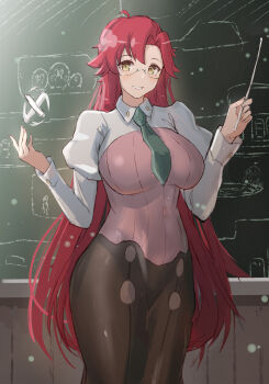 1girl aged_up ahoge alternate_hairstyle bespectacled breasts brown_skirt chalk chalkboard commentary_request dh-zone glasses hair_down hands_up highres large_breasts long_hair long_skirt long_sleeves looking_at_viewer necktie red_hair skirt smile solo teacher tengen_toppa_gurren_lagann very_long_hair yellow_eyes yoko_littner yomako