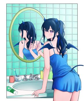 1girl alternate_costume bare_shoulders blue_camisole blue_horns blue_shorts border camisole cowboy_shot cup double-parted_bangs hair_between_eyes highres holding holding_toothbrush horns ichinose_uruha long_hair looking_back lupinus_virtual_games mirror mug multicolored_hair outside_border purple_eyes reflection shorts sink small_horns solo spaghetti_strap streaked_hair tail tile_wall tiles toothbrush toothpaste two_side_up uwanosora000 virtual_youtuber vspo! white_border wings