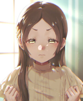 Rule 34 | 1girl, absurdres, backlighting, blush, brown eyes, brown hair, closed mouth, collared shirt, commentary request, crying, crying with eyes open, gakuen idolmaster, hair ornament, hands up, highres, idolmaster, kuramoto china, kuro (hungry 0131), laurels, leaf hair ornament, long hair, looking at viewer, nose blush, parted bangs, shirt, short eyebrows, short sleeves, solo, tears, upper body, wavy mouth, white shirt, window