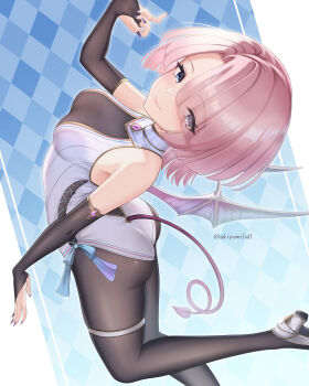 1girl akiyomi arimura_mao ass bare_shoulders black_bridal_gauntlets black_pantyhose blue_ribbon blush breasts bridal_gauntlets closed_mouth demon_tail demon_wings fingernails gakuen_idolmaster grey_shoes highres idolmaster leg_up leotard looking_at_viewer medium_hair nail_polish pantyhose pink_hair pink_lips pink_tail purple_eyes purple_nails ribbon shoes smile solo tail thighs twitter_username white_background white_leotard wings