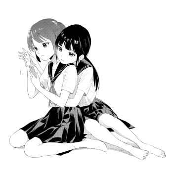2girls barefoot cellphone closed_mouth commentary_request dithering greyscale hands_up highres holding holding_phone hug hug_from_behind long_hair looking_at_phone medium_skirt monochrome multiple_girls neckerchief nmicomic no_shoes original parted_bangs parted_lips phone pleated_skirt sailor_collar school_uniform serafuku shirt short_hair short_sleeves sitting skirt smartphone socks wariza yuri