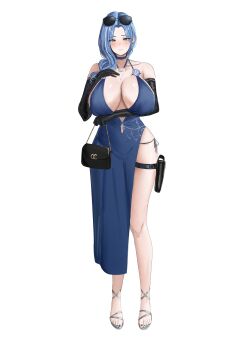 1girl absurdres backless_dress backless_outfit bag bare_shoulders blue_choker blue_dress blue_hair blue_nails blush breasts choker cleavage closed_mouth commentary dp-12_(girls&#039;_frontline) dress elbow_gloves english_commentary evening_gown eyewear_on_head full_body girls&#039;_frontline girls&#039;_frontline_2:_exilium gloves grey_eyes hair_over_shoulder halter_dress halterneck handbag helen_(girls&#039;_frontline_2) helen_(starlit_waltz)_(girls&#039;_frontline_2) highres huge_breasts jewelry long_hair looking_at_viewer necklace pantylines piiragp0pz pouch simple_background smile solo standing strapless strapless_dress thigh_pouch thigh_strap white_background
