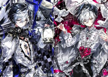 2boys belt bird bird_brooch black_belt black_cape black_gloves black_hair black_pants black_scarf blue_gemstone blue_ribbon borrowed_character brooch cape center_frills checkered_cape checkered_clothes chinese_commentary closed_mouth commission cowboy_shot crescent crescent_pin dove dual_persona earrings expressionless facial_mark final_fantasy final_fantasy_xiv frilled_shirt frilled_shirt_collar frills full_moon gem gloves grey_cape grey_eyes hair_between_eyes half_gloves hanaseto hands_up happy_birthday heart-shaped_gem heterochromia high-waist_pants holding holding_lantern hyur jewelry lantern long_sleeves male_focus moon multicolored_hair multiple_boys murrtecys_ansuz original pants parted_lips picture_frame pink_background pink_gemstone pink_ribbon plunging_neckline ribbon scarf shirt short_hair side_cape single_earring sparkle split_screen stabbed_heart two-tone_hair upper_body waist_cape warrior_of_light_(ff14) watermark weibo_watermark white_hair white_shirt yellow_eyes