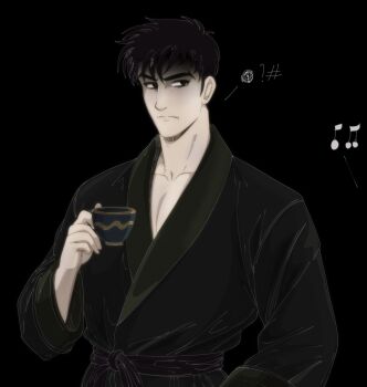 1boy bags_under_eyes bathrobe black_bathrobe black_hair closed_mouth cup highres holding holding_cup long_sleeves looking_at_viewer male_focus megadeus_mommy musical_note pectorals roger_smith short_hair sideburns simple_background solo spoken_squiggle squiggle teacup the_big_o upper_body