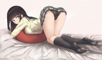 Rule 34 | 10s, 1girl, ass, black hair, black panties, blue eyes, blush, butter curry, feet, female focus, hair ornament, hairclip, happy birthday, kneehighs, kurosawa dia, long hair, looking at viewer, love live!, love live! sunshine!!, mole, mole under mouth, panties, pantyshot, pillow, school uniform, serafuku, smile, socks, soles, solo, toes, top-down bottom-up, underwear, uranohoshi school uniform