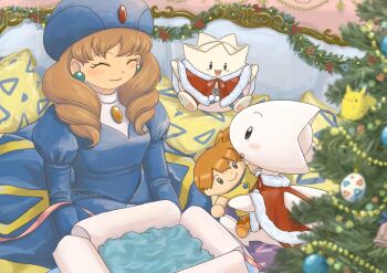 1girl blue_dress box brown_hair cape character_doll christmas christmas_present christmas_tree closed_eyes closed_mouth doll dress drill_hair earrings gen_2_pokemon gift gift_box hat holding jewelry juliet_sleeves long_hair long_sleeves misty_(pokemon) nintendo omochi_(aoi_guruguru) pokemon pokemon_(anime) pokemon_(classic_anime) pokemon_(creature) pokemon_rgby princess_sarah_(pokemon) puffy_sleeves smile togepi togetic