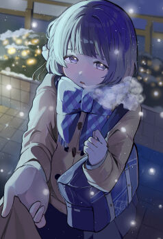 1girl 1other :o absurdres bag blue_bow blunt_bangs blush bow breath brown_coat coat commentary_request duffel_coat gakuen_idolmaster hataya_misuzu highres holding holding_bag idolmaster long_sleeves looking_at_viewer mole mole_under_mouth nekommokuwan outdoors plaid_clothes plaid_scarf pov purple_hair scarf scarf_bow school_uniform snow snowing