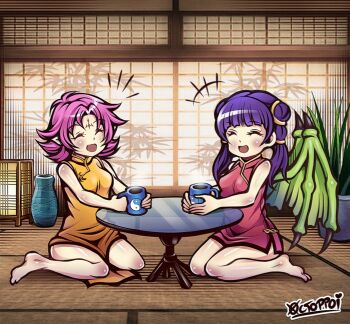2girls bare_legs barefoot china_dress chinese_clothes closed_eyes cup dragon_girl dragon_wings dress fae_(fire_emblem) fire_emblem fire_emblem:_the_binding_blade fire_emblem:_the_sacred_stones gold_trim green_wings highres holding holding_cup laughing mug multiple_girls myrrh_(fire_emblem) nintendo pale_skin pink_hair plant potted_plant purple_hair screen_door seiza short_hair signature sitting table tatami thaumana twintails wings