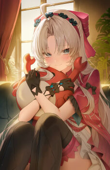 1girl absurdres ahoge black_boots black_gloves blush boots bow carlotta_(wuthering_waves) closed_mouth commentary commission dress gloves grey_eyes grey_hair hair_bow hairband highres holding holding_stuffed_toy indoors jacket knees_up long_hair looking_at_viewer momyong parted_bangs pink_bow pink_hairband pink_jacket pink_thighhighs pixiv_commission sitting solo stuffed_animal stuffed_crab stuffed_toy thigh_boots thighhighs thighhighs_under_boots thighs white_dress window wuthering_waves