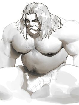 1boy bara beads beard biceps chest_hair doooo_(doooo24) facial_hair full_beard hairy highres huge_pectorals league_of_legends long_hair male_focus manly mature_male monochrome muscular muscular_arms muscular_male mustache navel navel_hair nipples pectorals simple_background sketch sparse_chest_hair strongman_waist thick_beard thick_mustache topless_male udyr white_background