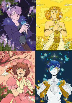 1boy 1other 2girls ahoge androgynous ascot belt blue_background blue_flower blue_hair blue_rose bowl_cut brown_hair brown_pants cardcaptor_sakura cherry_blossoms choker circlet cloud collared_shirt colored_skin colored_tears commentary crying dress earrings english_commentary exhausted expressionless falling_petals flower flower_earrings frilled_gloves frills fur-trimmed_jacket fur_trim fuuin_no_tsue garry_(ib) gloves golden_arms green_eyes green_shirt hair_intakes hair_ornament hair_over_one_eye hat high_collar holding holding_flower houseki_no_kuni hydrangea ib_(kouri) jacket jewelry kinomoto_sakura kinomoto_sakura_(magician) lavender_(flower) light_blush magatama magatama_necklace magical_girl molten_metal moon_uniform_(houseki_no_kuni) multiple_girls necklace night nintendo one_eye_covered open_mouth own_hands_clasped own_hands_together pants pendant_choker petals petunia_(flower) phosphophyllite phosphophyllite_(ll) pink_dress pink_hat plant pointy_ears princess_zelda puffy_short_sleeves puffy_sleeves purple_eyes purple_hair rose shirt short_hair short_hair_with_long_locks short_sleeves sidelocks silent_princess simple_background sky smile sparkle strapless strapless_dress swept_bangs sygneinl the_legend_of_zelda the_legend_of_zelda:_tears_of_the_kingdom torn_clothes torn_jacket vines white_dress white_gloves white_shirt white_skin wisteria worried yellow_eyes yellow_sky