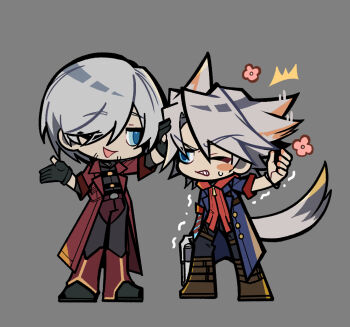2boys animal_ears annoyed arm_up arms_up belt black_belt black_gloves black_shirt blue_coat blue_eyes blush_stickers boots bracelet brown_boots clenched_teeth coat commentary_request dante_(devil_may_cry) deformed devil_may_cry devil_may_cry_(series) devil_may_cry_4 gloves grey_background grey_hair hood hood_down hoodie jewelry kemonomimi_mode korean_commentary male_focus multiple_boys nero_(devil_may_cry) one_eye_closed open_mouth parted_bangs pizzaaschoolll red_coat red_hoodie shirt simple_background standing tail teeth triangle_mouth uncle_and_nephew wolf_boy wolf_ears wolf_tail