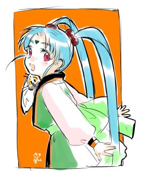 aqua_hair blue_hair bow cabbit facial_mark forehead_mark freckles green_bow japanese_clothes masaki_sasami_jurai meyama_mamezou orange_background red_eyes ryou-ouki sketch tenchi_muyou!