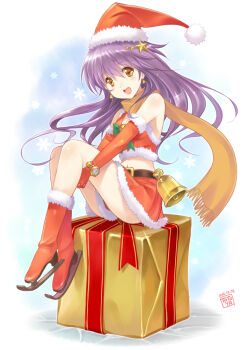 1girl artist_name bell bell_earrings belt black_belt boots box breasts brown_scarf christmas commentary crop_top dated earrings elbow_gloves footwear_request fringe_trim fur-trimmed_boots fur-trimmed_gloves fur-trimmed_headwear fur-trimmed_shirt fur-trimmed_skirt fur_trim gift gift_box gloves hair_ornament hat hugging_own_leg interlocked_fingers jewelry judy_totoya long_hair midriff miniskirt navel orange_eyes original own_hands_together purple_hair red_boots red_gloves red_hat red_ribbon red_shirt red_skirt ribbon santa_hat scarf shirt sitting sitting_on_gift_box skirt sleeveless sleeveless_shirt small_breasts snowflakes solo star_(symbol) star_hair_ornament watch wristwatch