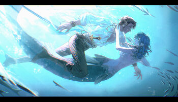 1boy 1girl absurdres alternate_costume alternate_universe black_pants breasts claude_von_riegan clothed_male_nude_female completely_nude dagger dark-skinned_male dark_skin female_byleth_(fire_emblem) fire_emblem fire_emblem:_three_houses fish from_side hetero highres knife medium_breasts mermaid monster_girl monsterification nintendo nude pants pirate shirt underwater weapon white_shirt zhihaiwusheng