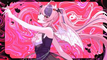 1girl ahoge arm_up black_overskirt black_wings commentary demon_girl demon_horns demon_wings english_commentary from_side hair_between_eyes hair_ornament head_wings heart heart_ahoge heart_hair_ornament highres horns indie_virtual_youtuber ironmouse ironmouse_(15th_costume) lilichanxxx long_hair multicolored_hair open_mouth pink_eyes pink_hair pink_shirt pointy_ears shirt sleeveless smile solo streaked_hair twintails upper_body virtual_youtuber white_horns wings