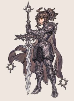1girl armor boots cape commentary english_commentary fantasy gauntlets hair_ornament highres knight nrcgray orange_eyes original planted planted_sword planted_weapon ponytail simple_background standing sword weapon white_background