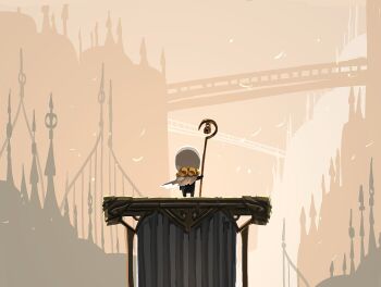 Rule 34 | 1boy, bell, black skin, caretaker (hollow knight), cloak, colored skin, from behind, full body, highres, holding, holding staff, hollow knight, hollow knight: silksong, p 0p, rosary, staff, white cloak