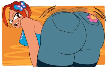 1girl ass ass_focus bare_shoulders breasts butterfly_(planetronika) come_hither denim from_behind from_side hair_ornament huge_ass jeans jiggle large_breasts leaning leaning_forward looking_at_viewer motion_lines multicolored_hair naughty_face open_mouth orange_hair pants planetronika red_eyes red_hair short_hair sideboob skidaddern smile solo thick_thighs thighhighs thighs two-tone_hair