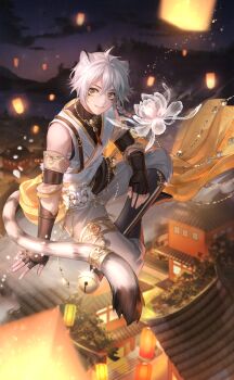 1boy animal_ear_fluff animal_ears architecture armlet artist_request back_bow baggy_pants bare_shoulders black_boots black_gloves black_shirt boots bow bracer chest_sarashi chinese_clothes cloud crossed_ankles east_asian_architecture facial_mark fingerless_gloves fingernails full_body game_cg gloves grey_pants hair_between_eyes happy highres jewelry knee_boots lantern large_bow layered_shirt light_particles lingwu_(shining_nikki) male_focus marking_on_cheek mountainous_horizon nikki_(series) official_art on_cloud outdoors pants paper_lantern parted_lips purple_sky sarashi shining_nikki shirt short_hair sitting sky sleeveless sleeveless_shirt smile solo tail tiger_boy tiger_ears tiger_tail town tree turtleneck turtleneck_shirt twilight whisker_markings white_hair white_shirt yellow_bow yellow_eyes