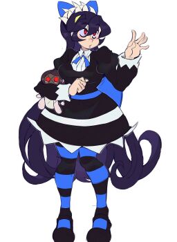 Rule 34 | 1girl, black dress, black hair, blue bow, bow, closed mouth, cosplay, dress, filia (skullgirls), frilled dress, frills, futakuchi-onna, gothic lolita, hair between eyes, hair bow, highres, holding, holding stuffed toy, j0xf4d, living hair, lolita fashion, long hair, long sleeves, painwheel (skullgirls), panty &amp; stocking with garterbelt, pantyhose, prehensile hair, red eyes, samson (skullgirls), skullgirls, solo, stocking (psg), stocking (psg) (cosplay), striped clothes, striped leggings, striped pantyhose, striped thighhighs, stuffed animal, stuffed toy, thighhighs, two-tone thighhighs, very long hair