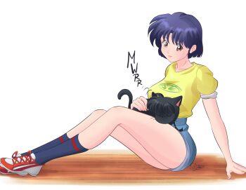 1boy 1girl absurdres animalization arm_support artist_name black_cat blue_hair blue_shorts blue_socks braid braided_ponytail breasts cat closed_eyes closed_mouth collarbone commentary english_commentary fingernails floor from_side hand_on_another&#039;s_back highres large_breasts legs long_legs looking_down orange_eyes outstretched_legs pink_lips purring ranma_1/2 saotome_ranma shirt shoes short_hair short_shorts short_sleeves shorts sideways_glance signature simple_background sitting sneakers socks tendou_akane the_dazu thighs white_background yellow_shirt