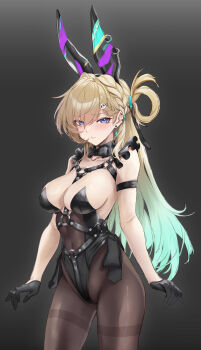 Rule 34 | 1girl, absurdres, alternate costume, animal ears, bare shoulders, birkai, black gloves, black leotard, blonde hair, blue eyes, blush, breasts, brown pantyhose, check clothing, closed mouth, clothing request, commentary, cowboy shot, earrings, fake animal ears, gloves, gradient hair, green hair, grey background, hair between eyes, hair ornament, highres, jewelry, large breasts, leotard, long hair, looking at viewer, lynae (wuthering waves), multicolored hair, pantyhose, playboy bunny, rabbit ears, skull hair ornament, solo, star (symbol), star earrings, strapless, strapless leotard, thighband pantyhose, wuthering waves